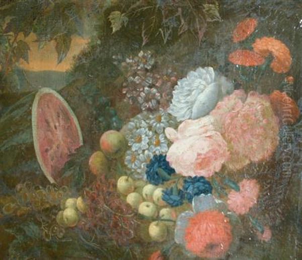 Still Life With Fruit And Flowers In A Garden Oil Painting by Pieter Casteels