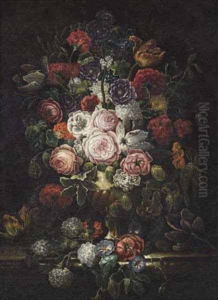 Roses, Chrysanthemums, Convolvulus And Other Flowers In An Urn On A Ledge Oil Painting by Pieter III Casteels