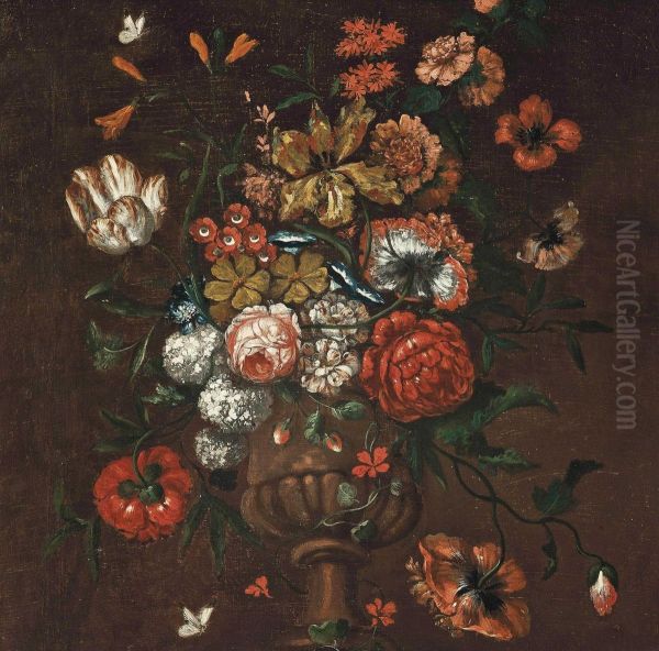 Tulips, Poppies, Carnations, A Rose, Morning-glories, Hydrangeas, And Other Flowers In A Sculpted Vase Oil Painting by Pieter III Casteels