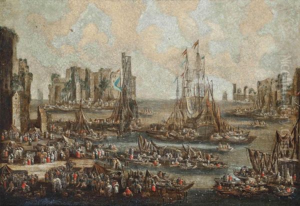 A Mediterranean Harbour Scene With Ships Unloading Their Cargo Oil Painting by Pieter III Casteels