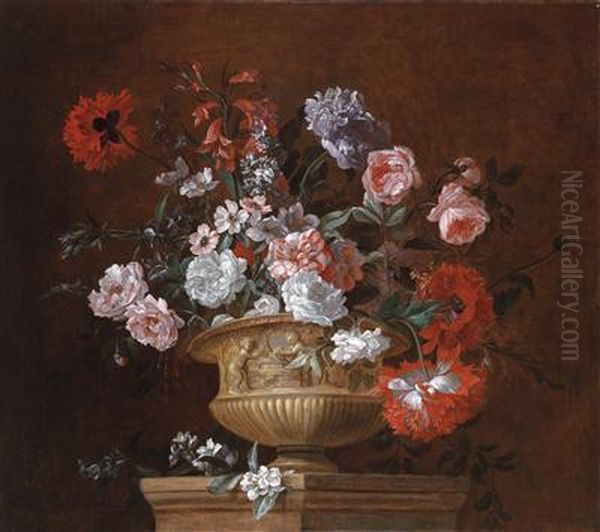 A Magnificent Floral Still Life In A Stone Vase Oil Painting by Pieter III Casteels