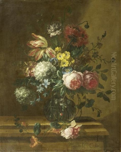 Bouquet Of Flowers In A Glass Vase On A Stone Ledge Oil Painting by Pieter III Casteels