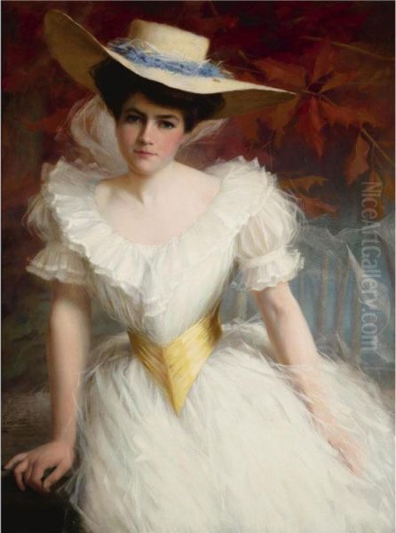 Elegant Lady With Straw Hat Oil Painting by Ernest Castelein