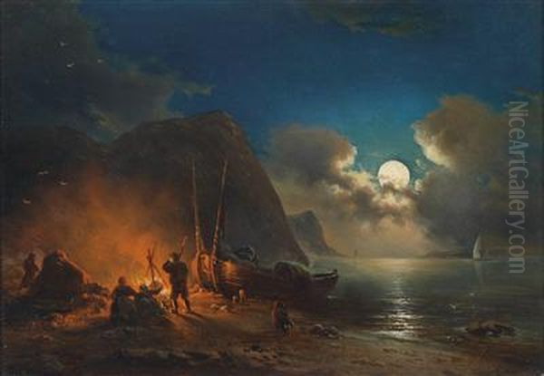 Romantic Camp Fire In The Moonlight Oil Painting by Johann Anton Castell