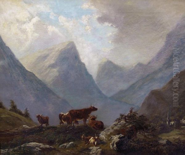 Weidende Kuhe Und Ziegen In Gebirgslandschaft Oil Painting by Johann Anton Castell