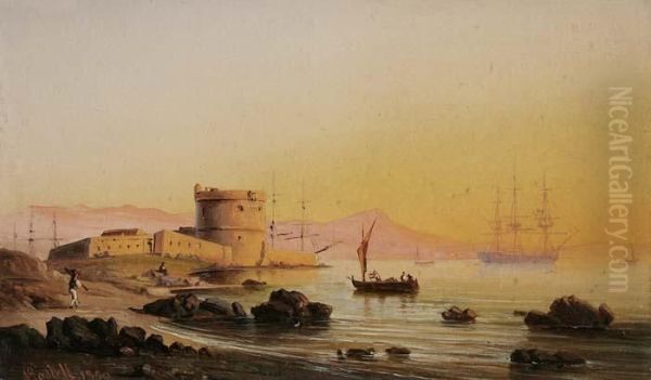 Italienische Hafenansicht Bei Sonnenuntergang Oil Painting by Johann Anton Castell