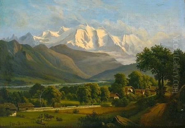 Im Hintergrund Aufragendes Gletschermassiv Imsonnigen Licht Oil Painting by Johann Anton Castell