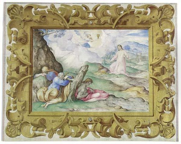 The Agony In The Garden, In A Decorative Frame Oil Painting by Giovanni B. (Il Genvovese) Castello