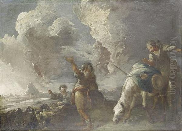 Shepherds And Their Flock Before An Open Landscape Oil Painting by Valerio Castello