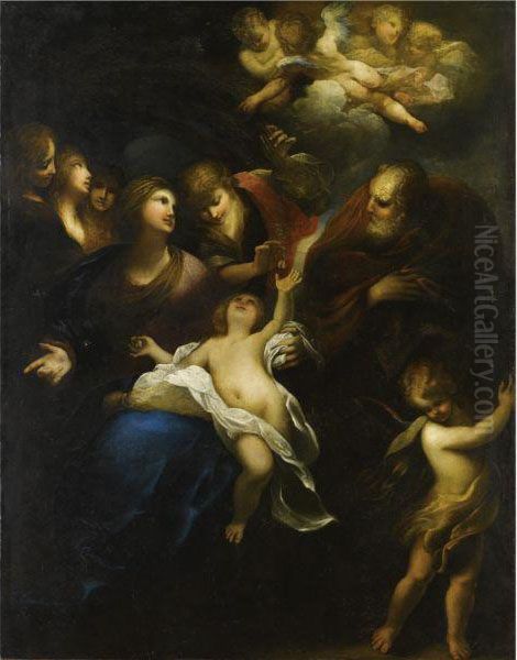 Sacra Famiglia E Angeli Oil Painting by Valerio Castello