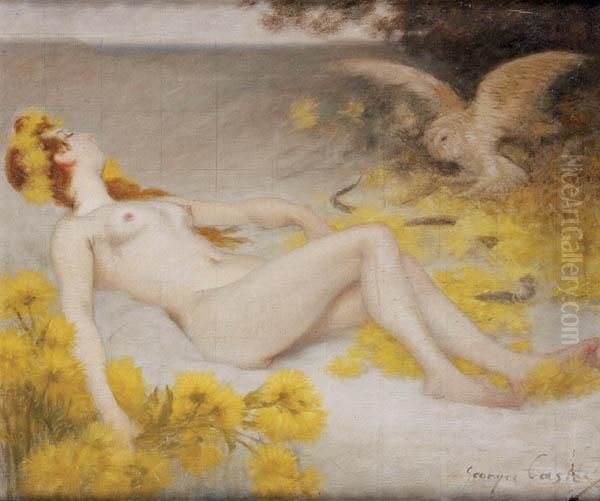 Reclining Nude With Owl And Snake Between Them Oil Painting by Georges Castex