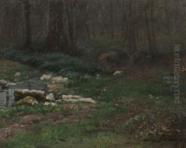 Sous-bois Traverse Par Un Ruisseau Oil Painting by Adolphe L. Degrange Castex-Degrange