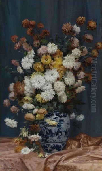 Mums In A Porcelain Vase Oil Painting by Adolphe L. Degrange Castex-Degrange