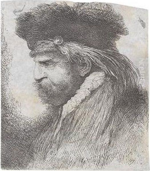 Portrat Eines Bartigen Mannes Mit Pelzmutze Im Profil Nach Links Oil Painting by Giovanni Benedetto Castiglione