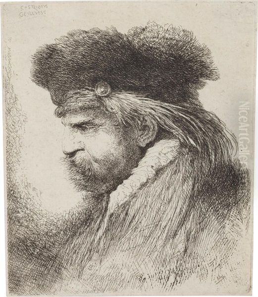 Man With A Bushy Moustache In A Fur Hat Oil Painting by Giovanni Benedetto Castiglione