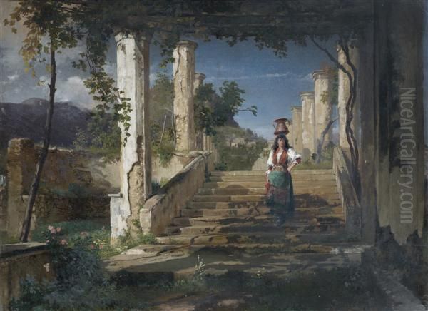 Paysanne Napolitaine Descendant L'escalier D'une Pergola Oil Painting by Giuseppe Castiglione