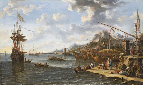 A Mediterranean Harbour With Turks And Orientals Bringing Goods Ashore, Three Galleys And A Man-o'-war At Anchor Oil Painting by Lorenzo A. Castro