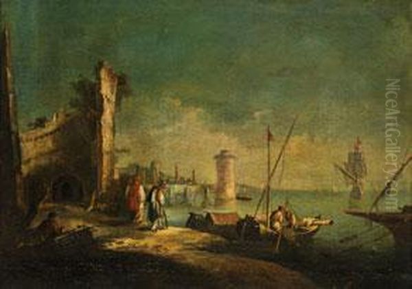 Blick Auf Einen Hafen Mit Rundturm, Ruinen Und Figurenstaffage Oil Painting by Lorenzo A. Castro