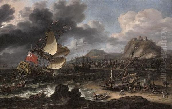 An English Man-o'war Running Into A Crowded Continental Port Oil Painting by Lorenzo A. Castro