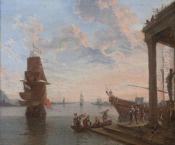 A Capriccio Of A Mediterranean Harbour With Elegant Figures Disembarking, Shipping Beyond Oil Painting by Lorenzo A. Castro