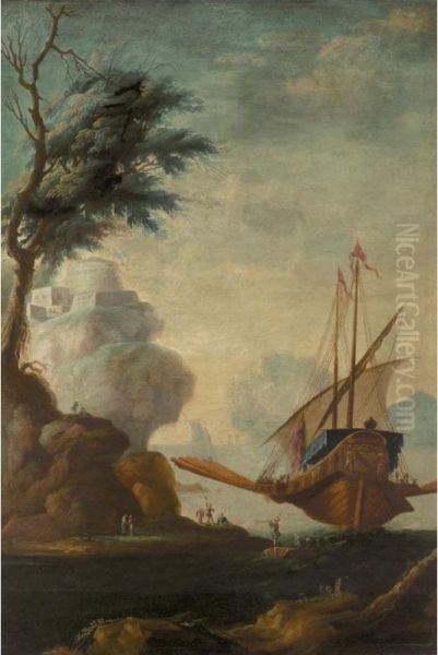 Italianate Coastal Landscape With A State Barge Before A Hill Top Fort Oil Painting by Lorenzo A. Castro