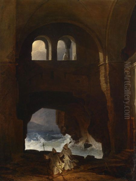 Monks In Amonastery Courtyard Oil Painting by Franz Ludwig Catel