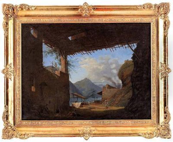 Uberdachte Ruine An Einem Felsvorsprung Mit Blick Auf Einen Oberitalienischen See Mit Figurenstaffage Oil Painting by Franz Ludwig Catel