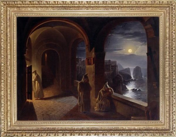 Drei Monche In Einem Klosterkreuzgang Mit Blick Auf Das Meer Im Mondschein Und Oil Painting by Franz Ludwig Catel