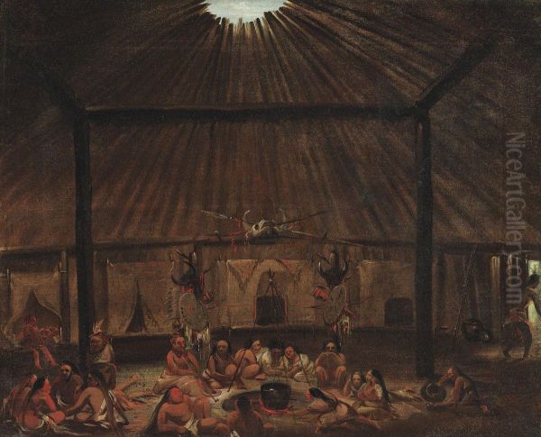 Interior Of A Mandan Lodge Oil Painting by George Catlin