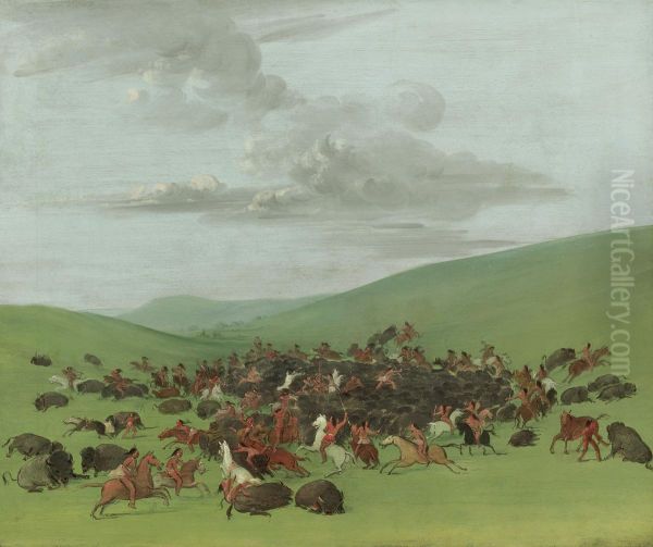 Buffalo Chase, A Surround By The Hidatsa Oil Painting by George Catlin