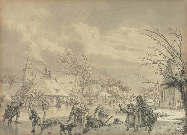 The Month Of December: Skaters On A Frozen River With A Village Beyond Oil Painting by Jacob Cats