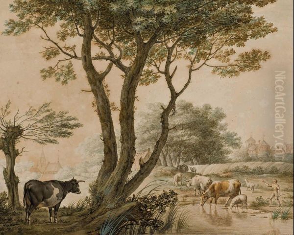 Animaux S'abreuvant Dans Un Paysage Oil Painting by Jacob Cats