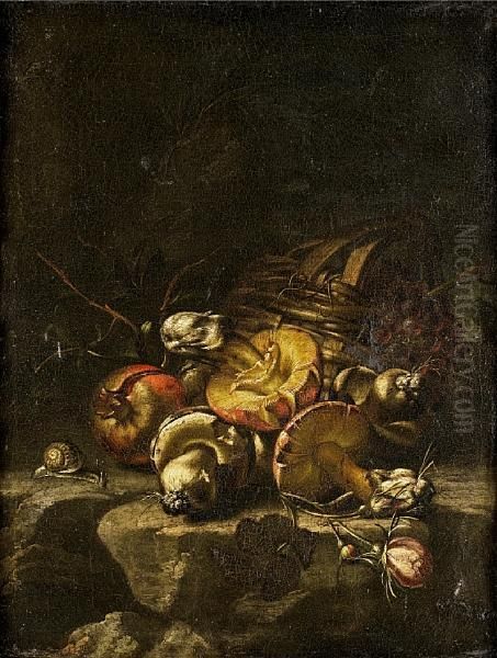 A Basket Of Grapes With Mushrooms And A Snail On A Stone Ledge Oil Painting by Paolo Cattamara