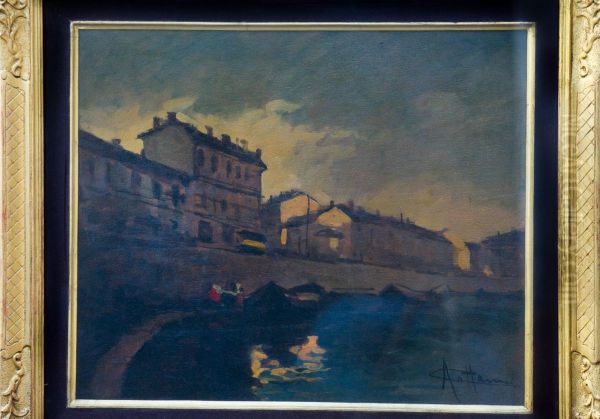 La Darsena Oil Painting by Achille Cattaneo