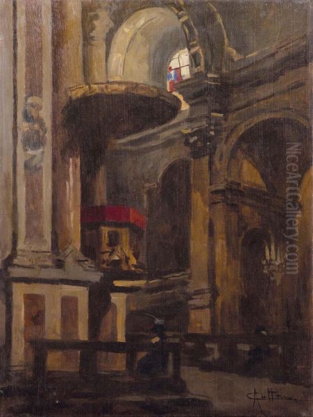 Interno Di Chiesa Lombarda Oil Painting by Achille Cattaneo