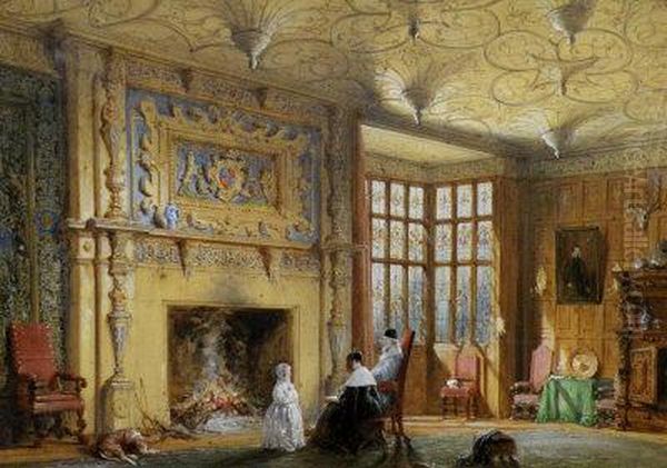 Figures Beside A Fireplace In An Elizabethan Interior Oil Painting by George Cattermole