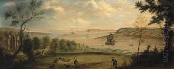 A Traveller Resting In The Grounds Of Broke Hall, Suffolk, With Shipping On The Estuaries Of The River Orwell And Stour, With Harwich Beyond Oil Painting by Charles, Catton Jnr.