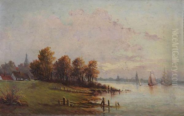 Rivierbocht Met Zeilboten Voor Redevan Een Stad Oil Painting by Emile Cauchie