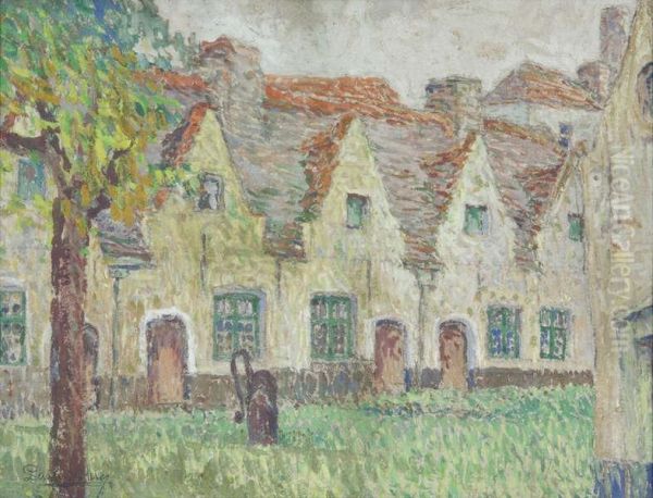 'cour D'hospice Bruges' Aquarel En Pastel Op Karton by Paul Cauchie