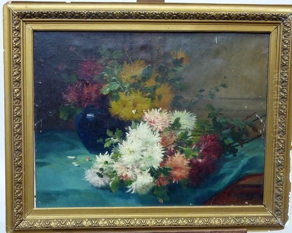 Fleurs Sur Un Drap Bleu Oil Painting by Eugene Henri Cauchois