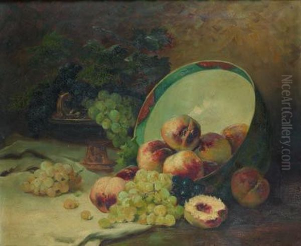 Peches Et Raisins Dans Un Vase De Porcelaine Du Japon Oil Painting by Eugene Henri Cauchois