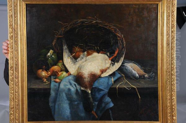 < Nature Morte Au Canard Et Panier En
Rotin >. Oil Painting by Albert Caullet