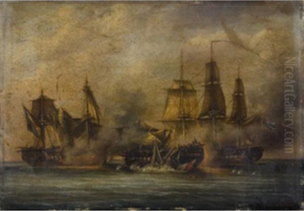 Combat Naval Huile Sur Carton Signe En Bas A Droite - Beau Cadre Debois Stuque Dore 29.5 X 42 Cms Titre Au Dos Belle Defense De Lafregate La Pomone Commandee Par Le Marechal Rosamel Oil Painting by C. Causse