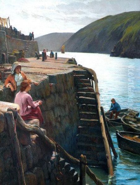 Fish Wives On A Quayside Awaiting The Return Of The Fishing Fleet Oil Painting by Horace Henry Cauty