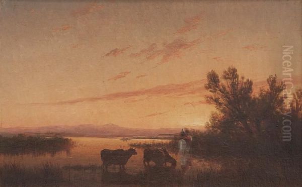 Paysage Lacustre Anime Au Crepuscule Oil Painting by Edouard Louis Cauvin