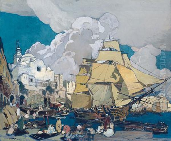 Le Port D'alger Devant La Mosquee De Lapecherie Oil Painting by Leon Cauvy