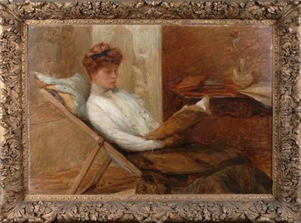 An Elegant Lady Sitting In A Deck Chair Reading Oil Painting by Pierre Paul Cavaille