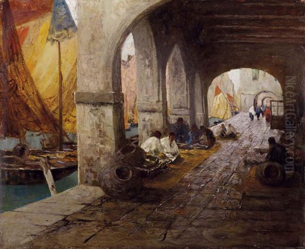 Mercato Del Pesce A Chioggia (portico Achioggia) Oil Painting by Ludovico Cavaleri