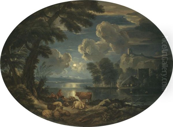 A Moonlit Scene With A Shepherd And Shepherdess Resting With Their Herd Beside A Lake Oil Painting by Pieter the Younger Mulier