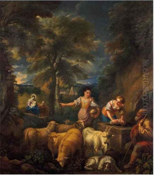 Paesaggio Fantasioso Della Campagna Romana Con Pastori, Fuga In Egitto E La Piramide Di Caio Cestio Oil Painting by Pieter the Younger Mulier